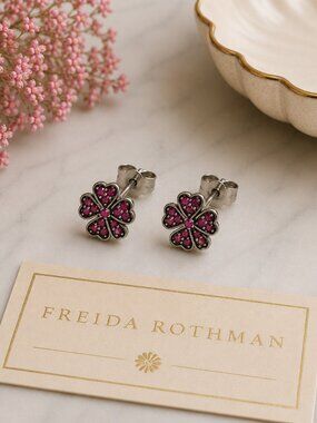 Frieda Rothman Sterling Silver Pink Clover Stud Earrings Gold & Black Rhodium